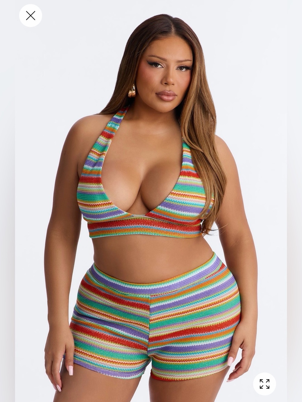 Brand New Multicoloured Stripe Crochet Halter Matching Shorts Set